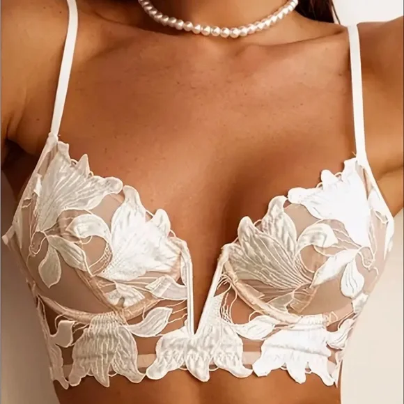 IZA Lotus Ivory Satin Embroidered Over Sheer Mesh Deep V Bustier Bra & Panties - Picture 2 of 15
